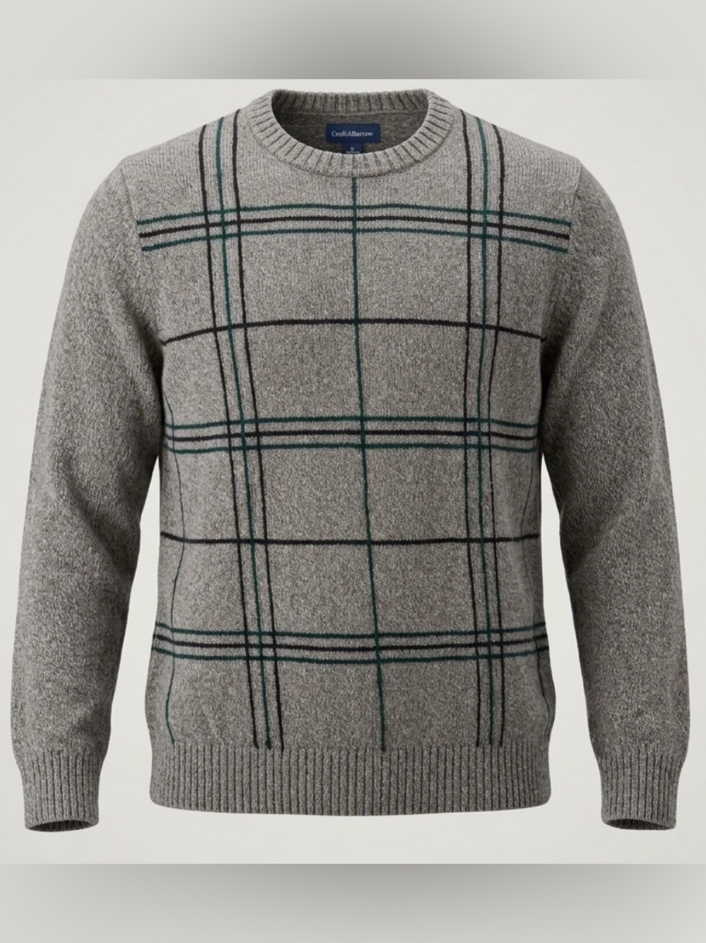 Croft & Barrow Men's Sweater S Small Gray Plaid Grid Windowpane Crewneck